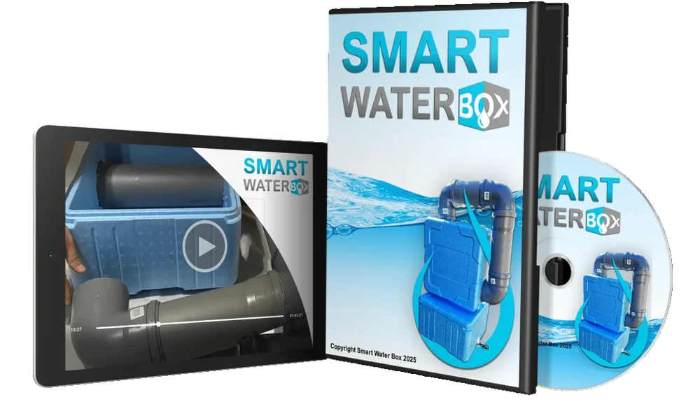 Smart Water Box guide box, disc and a tablet showing the video walkthrough of a blue insulated box and grey pipe assembly